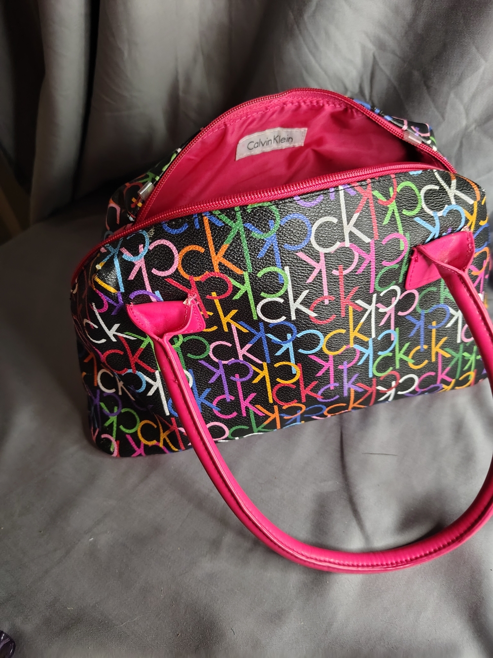 Calvin Klein Multicolor Logo Satchel with Hot Pink Handles